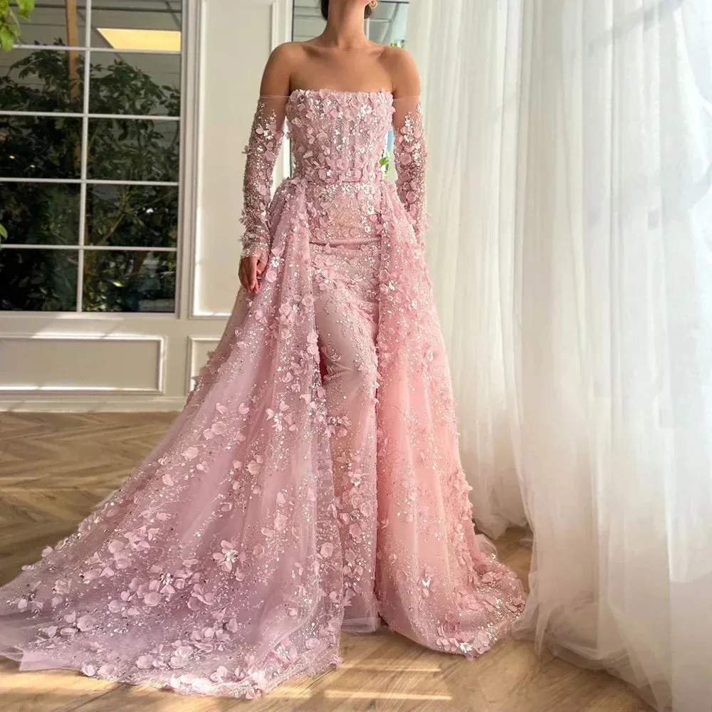 Diynav 3D Flowers Pink Luxury Dubai Evening Dress with Overskirt HZ1017