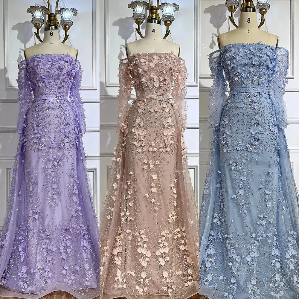 Diynav 3D Flowers Pink Luxury Dubai Evening Dress with Overskirt HZ1017 - Image 3