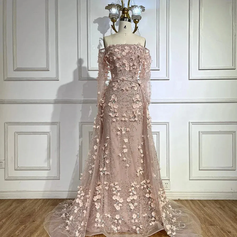 Diynav 3D Flowers Pink Luxury Dubai Evening Dress with Overskirt HZ1017 - Image 5