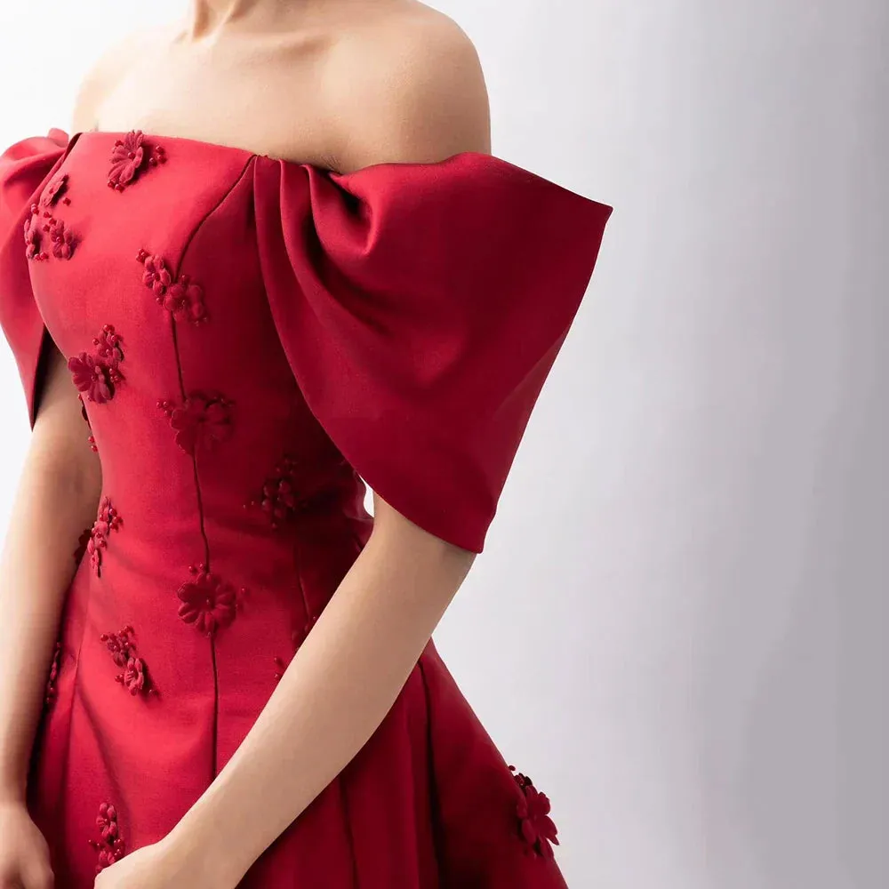 Diynav 3D Flowers Off Shoulder Red Evening Dress HZ1017 - Image 3