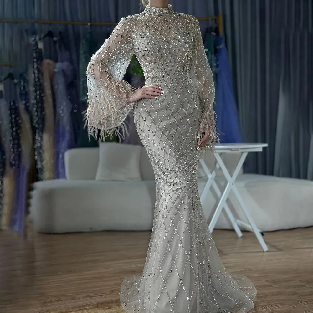 Diynav Beaded Feathers Sage Green Evening Dress Long Sleeves HZ1017