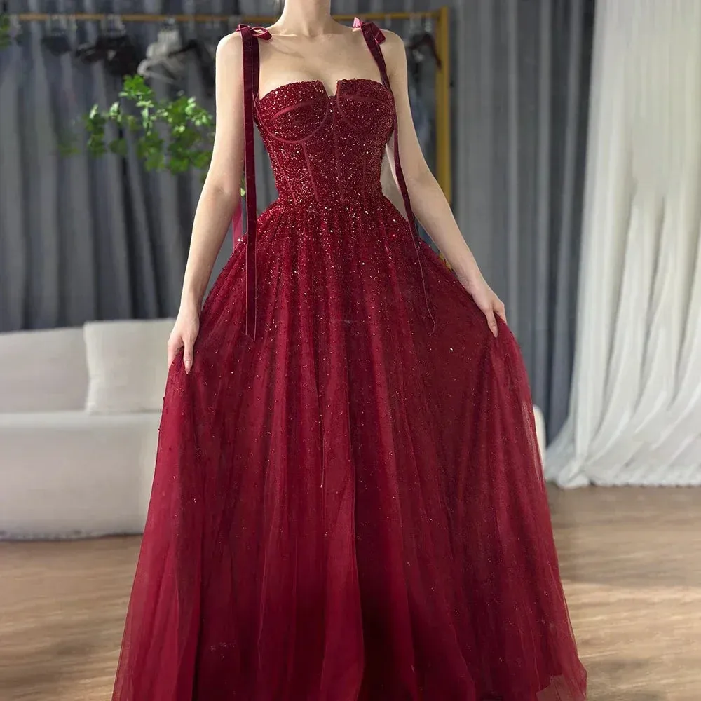 Diynav Saudi Wine Red Beaded Evening Gown Spaghetti Strap Floor-Length for Formal Occasion HZ1017
