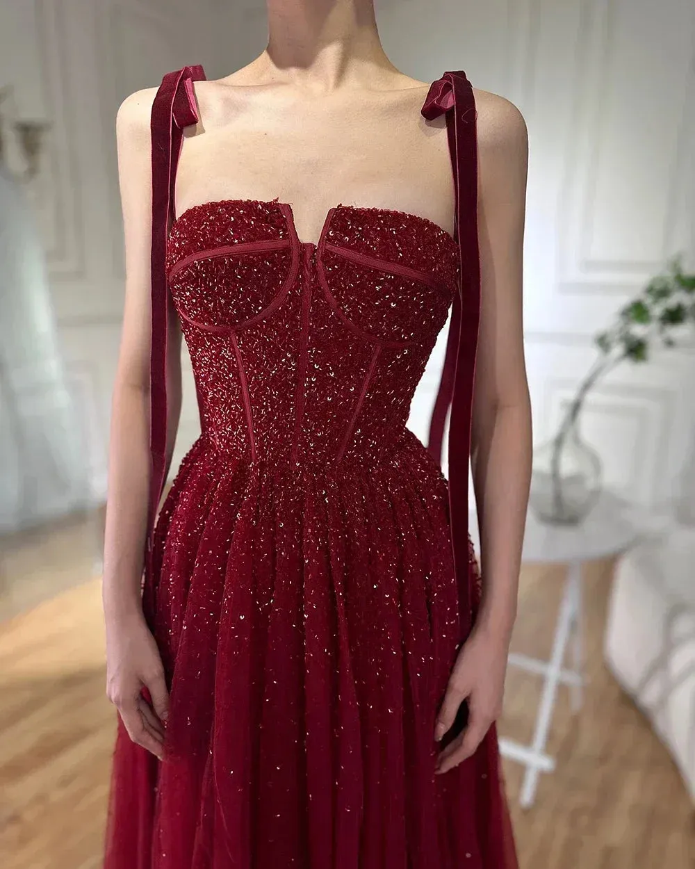 Diynav Saudi Wine Red Beaded Evening Gown Spaghetti Strap Floor-Length for Formal Occasion HZ1017 - Image 3