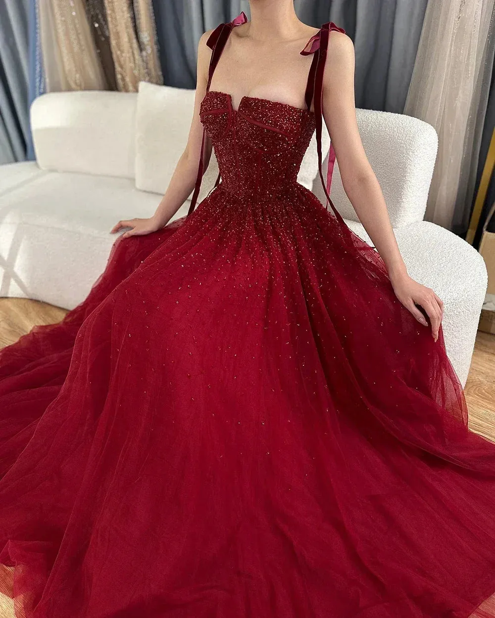 Diynav Saudi Wine Red Beaded Evening Gown Spaghetti Strap Floor-Length for Formal Occasion HZ1017 - Image 2