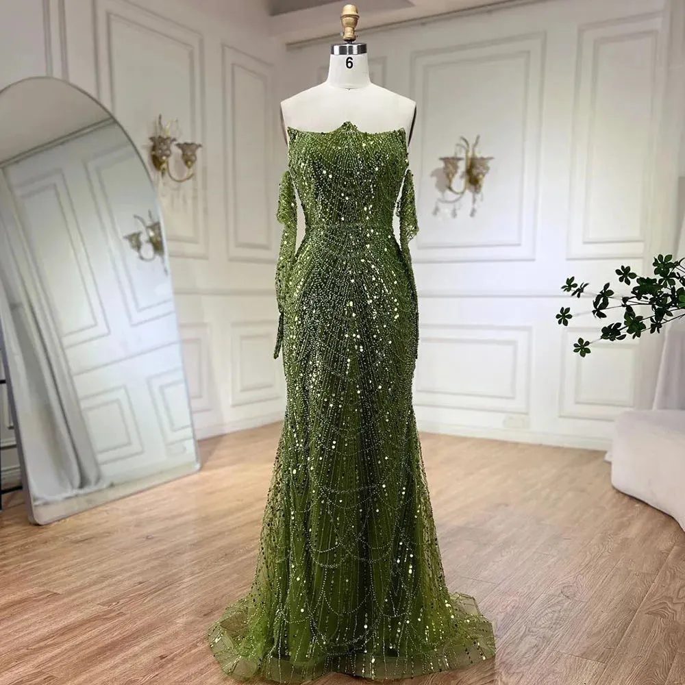 Diynav Pearls Green Mermaid Evening Dress with Gloves LA72352 Plush HZ1017 - Image 5