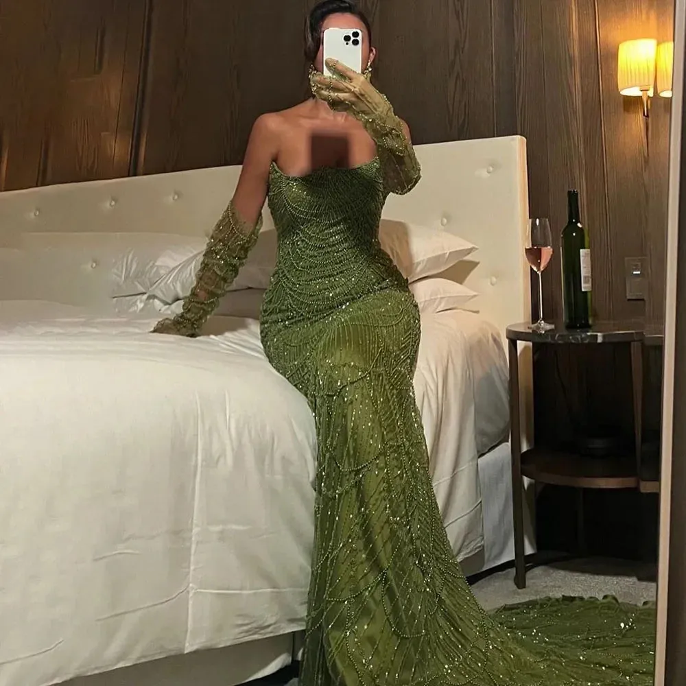 Diynav Pearls Green Mermaid Evening Dress with Gloves LA72352 Plush HZ1017