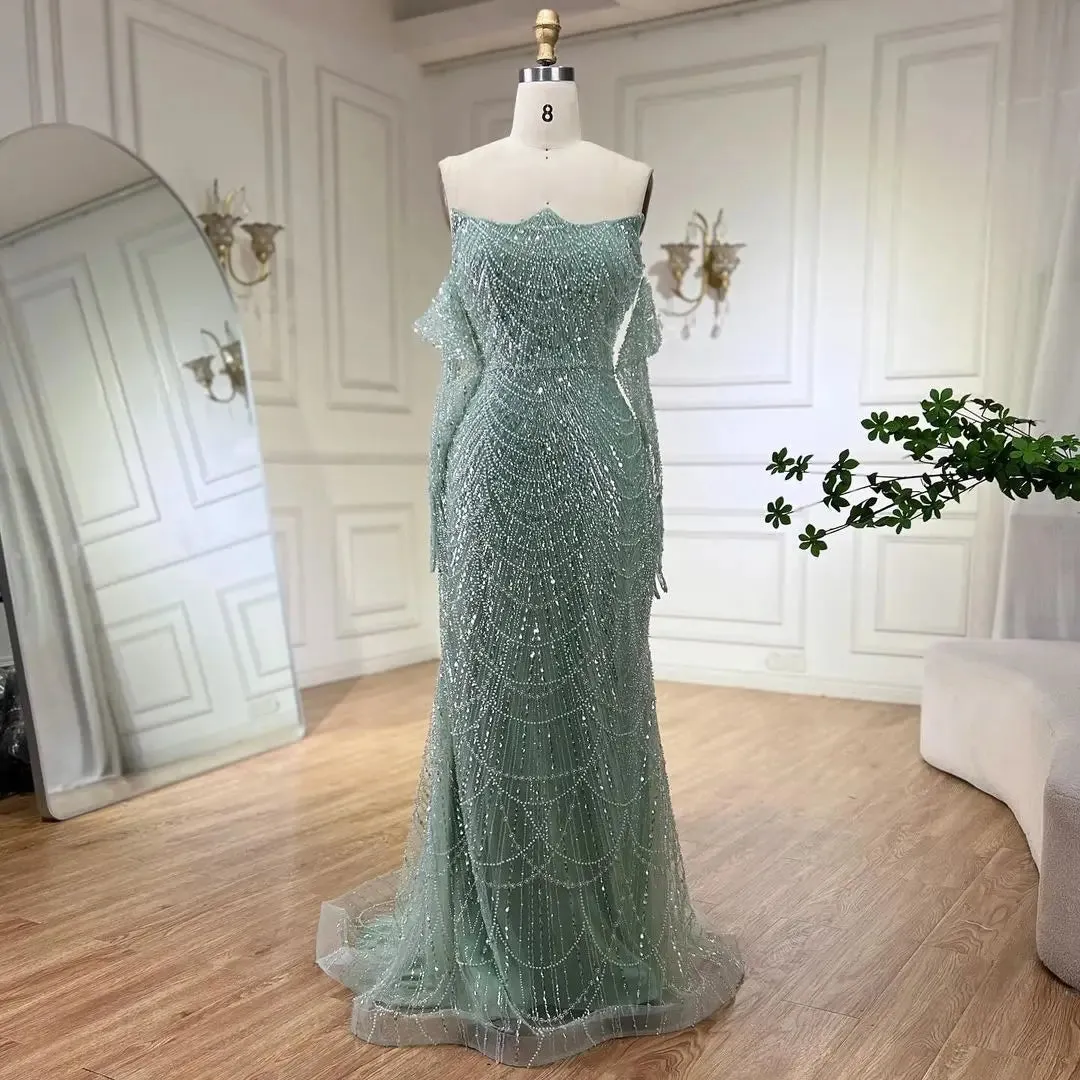 Diynav Pearls Green Mermaid Evening Dress with Gloves LA72352 Plush HZ1017 - Image 6