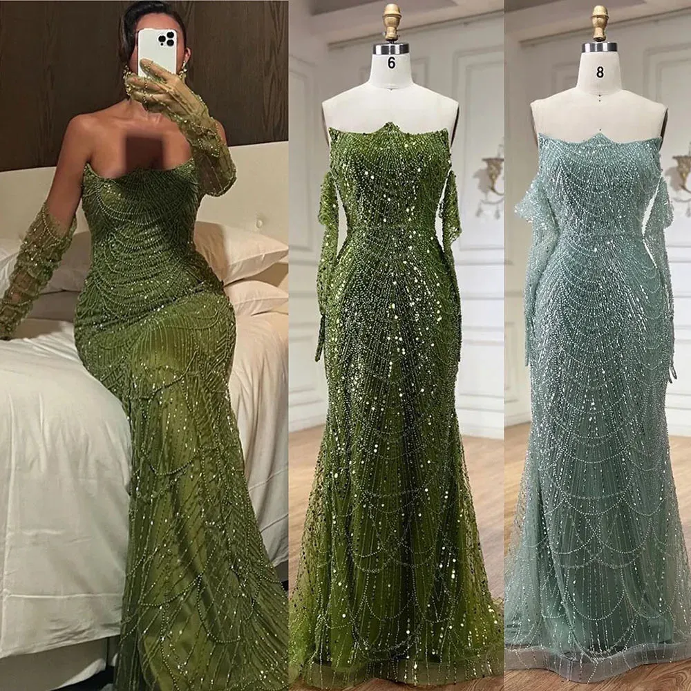 Diynav Pearls Green Mermaid Evening Dress with Gloves LA72352 Plush HZ1017 - Image 3