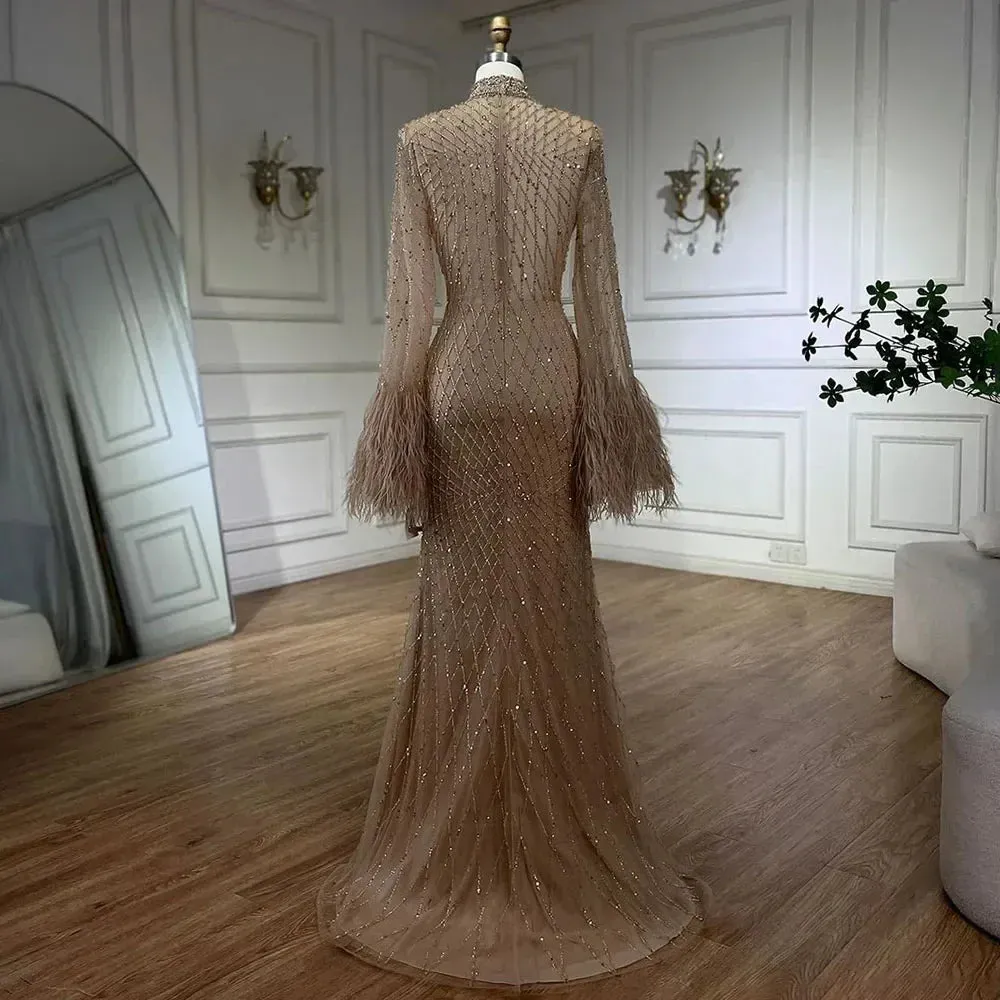 Diynav Dubai Feathers Nude Evening Dresses Long Sleeves HZ1017 - Image 4