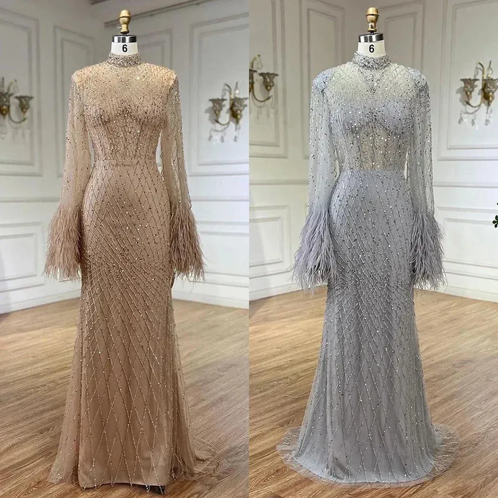 Diynav Dubai Feathers Nude Evening Dresses Long Sleeves HZ1017 - Image 2