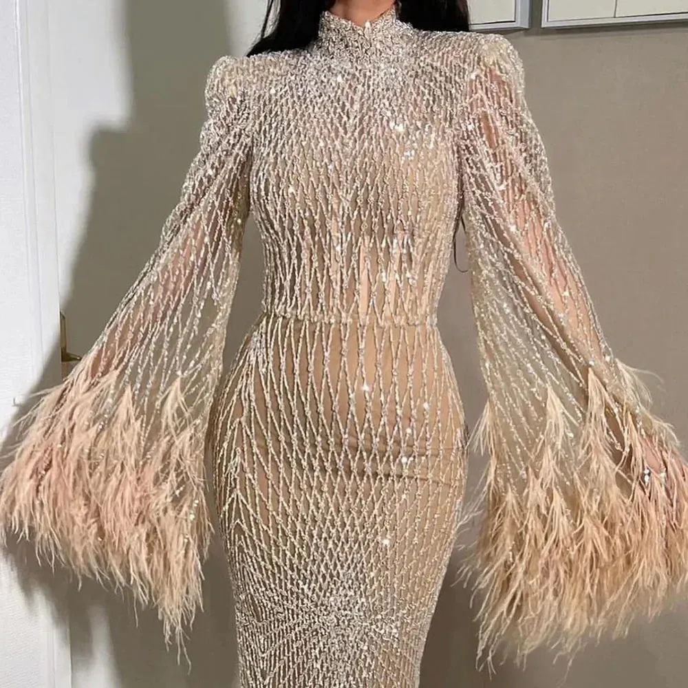 Diynav Dubai Feathers Nude Evening Dresses Long Sleeves HZ1017 - Image 6