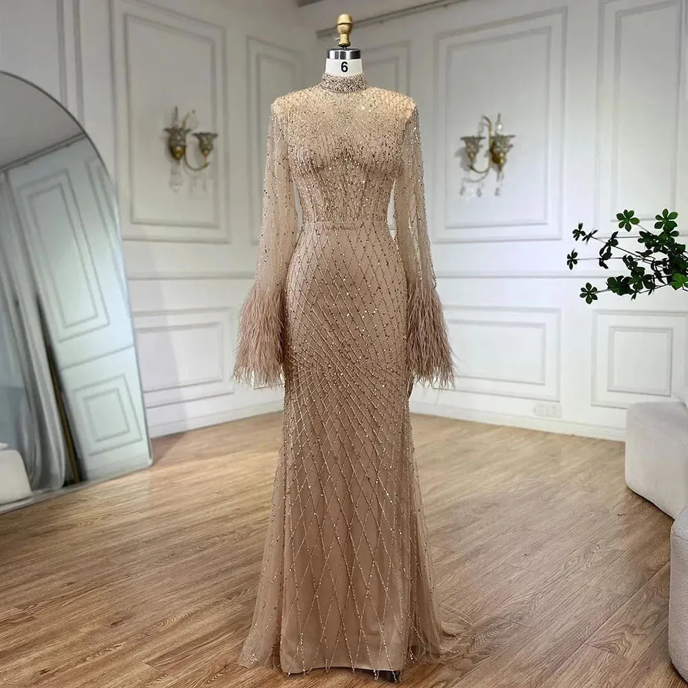 Diynav Dubai Feathers Nude Evening Dresses Long Sleeves HZ1017 - Image 3