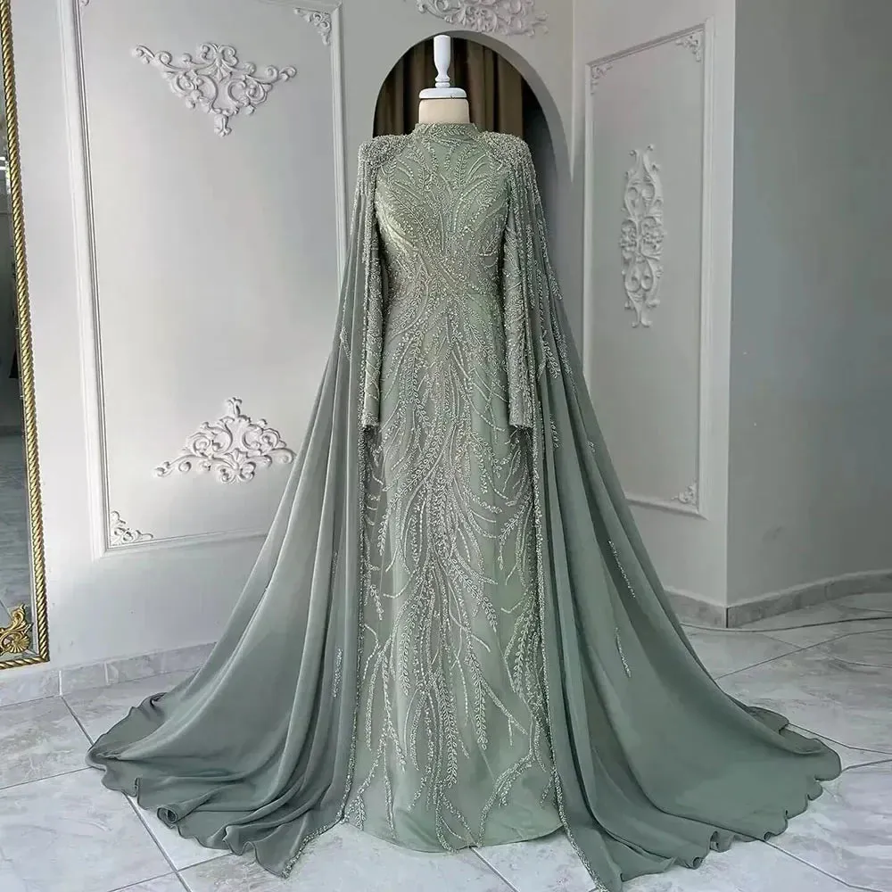 Diynav Sage Green Muslim Evening Dress with Cape Long Sleeves HZ1017
