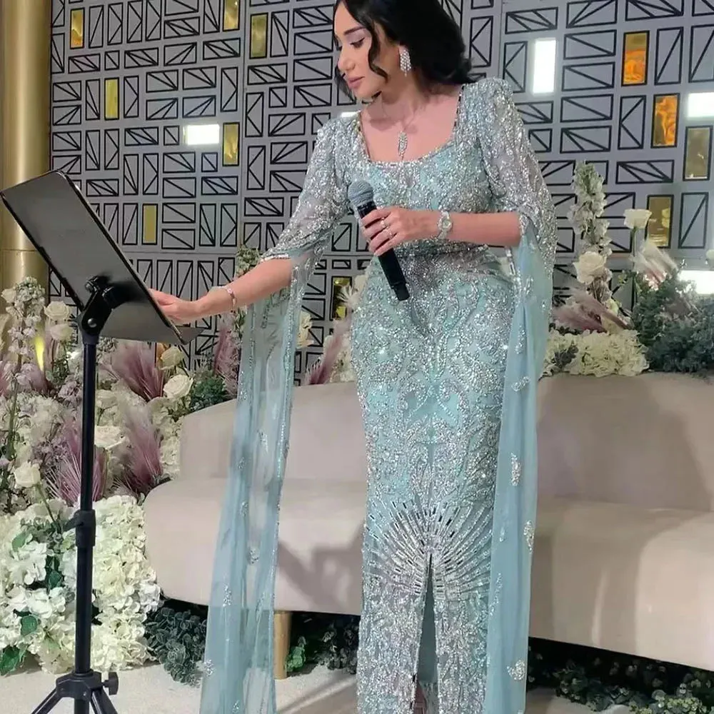 Diynav Arabic Turquoise Evening Dress with Cape Sleeves HZ1017