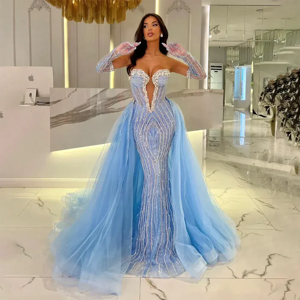 Diynav Arabia Blue Mermaid Evening Dresses Gowns with Gloves and Overskirt for Formal Occasion HZ1017