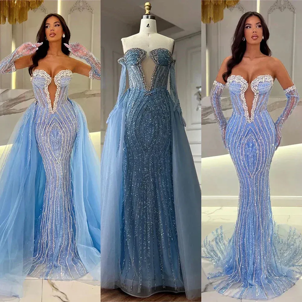 Diynav Arabia Blue Mermaid Evening Dresses Gowns with Gloves and Overskirt for Formal Occasion HZ1017 - Image 2