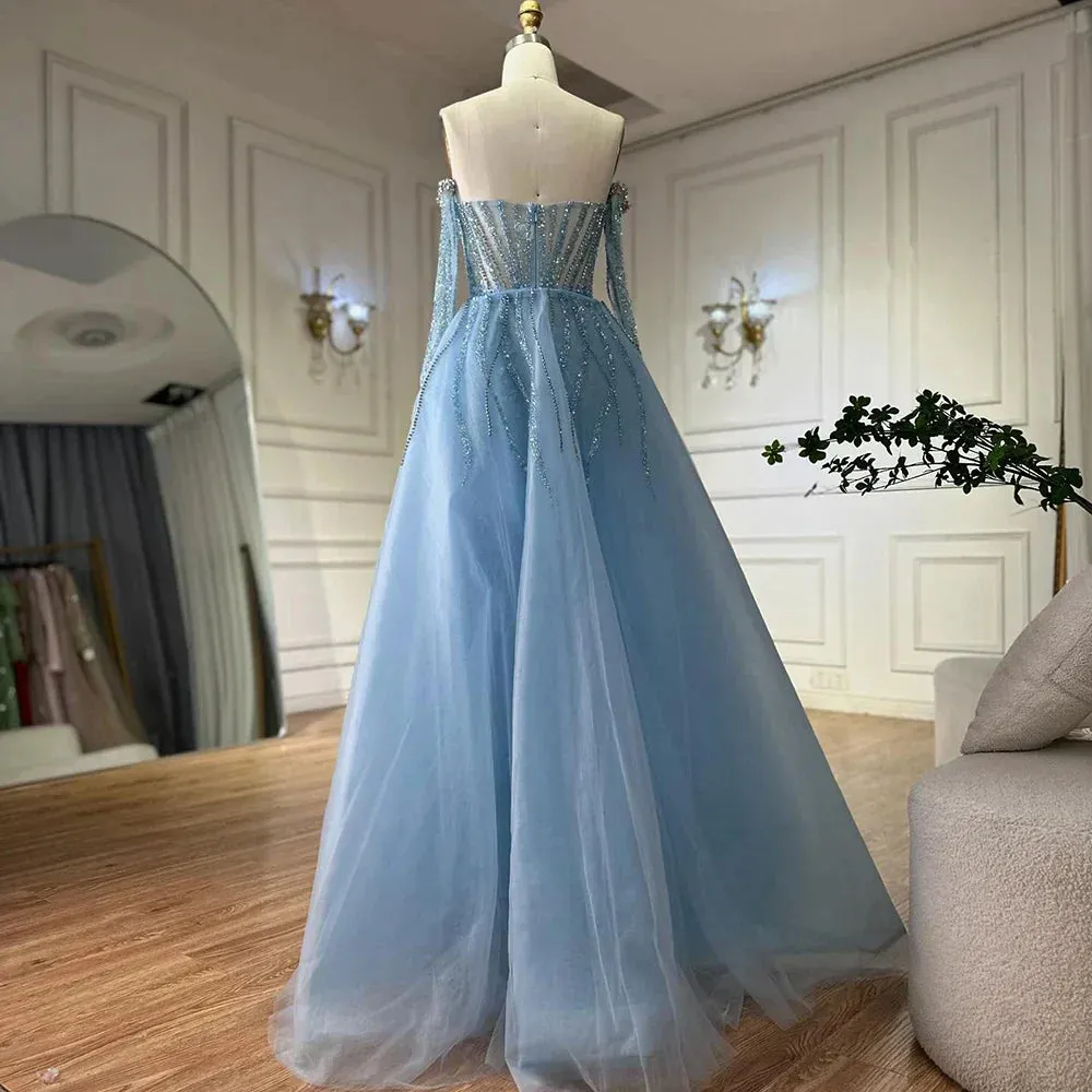 Diynav Arabia Blue Mermaid Evening Dresses Gowns with Gloves and Overskirt for Formal Occasion HZ1017 - Image 4