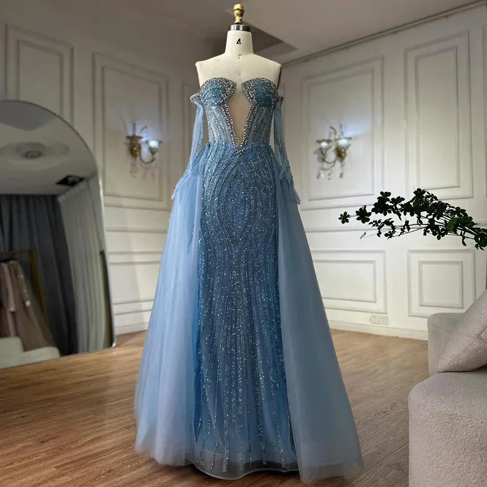 Diynav Arabia Blue Mermaid Evening Dresses Gowns with Gloves and Overskirt for Formal Occasion HZ1017 - Image 3