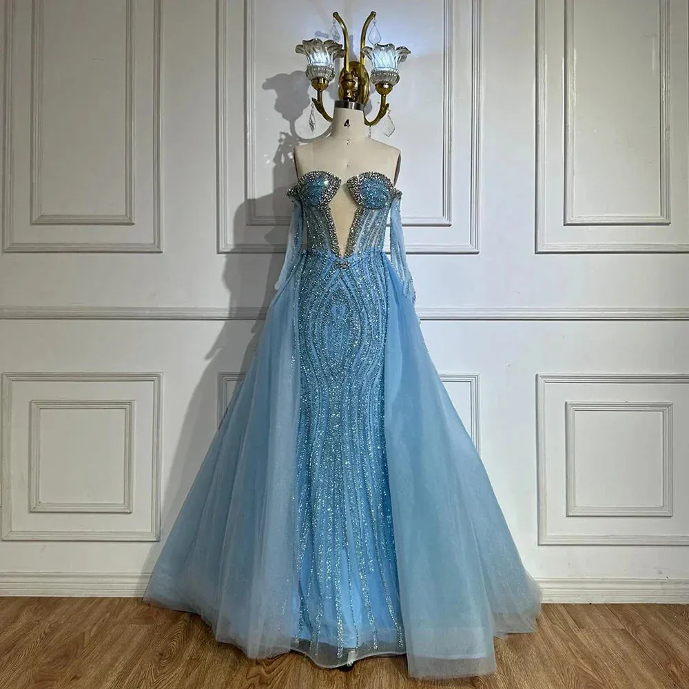Diynav Arabia Blue Mermaid Evening Dresses Gowns with Gloves and Overskirt for Formal Occasion HZ1017 - Image 5