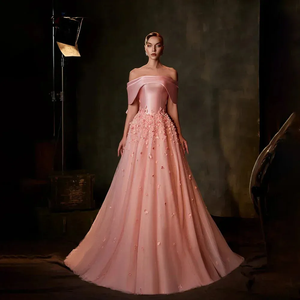 Diynav Arabia Peach Off-the-Shoulder A-Line Satin Appliques Evening Dress Gown for Formal Occasion HZ1017