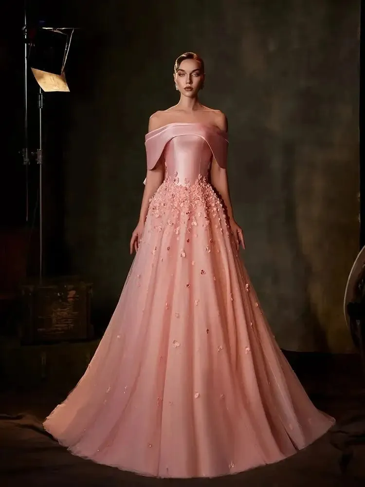 Diynav Arabia Peach Off-the-Shoulder A-Line Satin Appliques Evening Dress Gown for Formal Occasion HZ1017 - Image 3