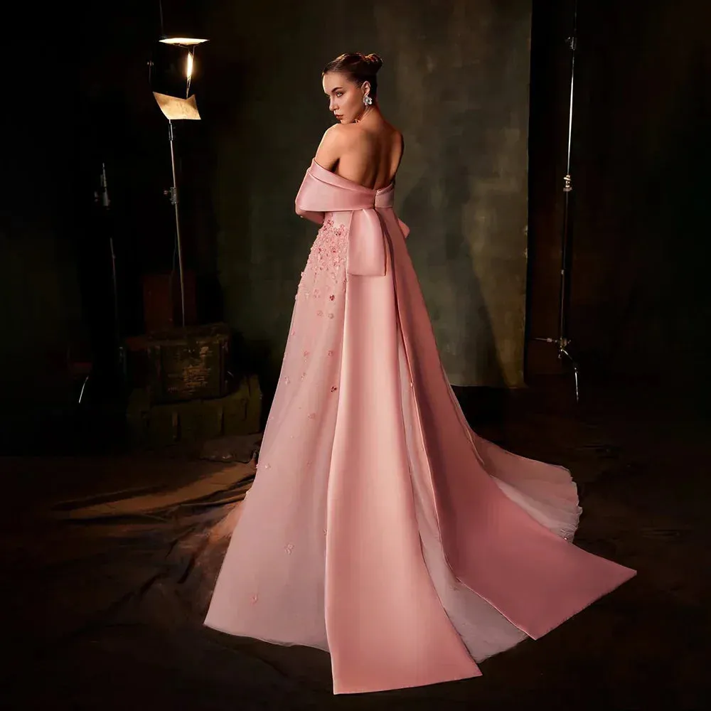Diynav Arabia Peach Off-the-Shoulder A-Line Satin Appliques Evening Dress Gown for Formal Occasion HZ1017 - Image 2