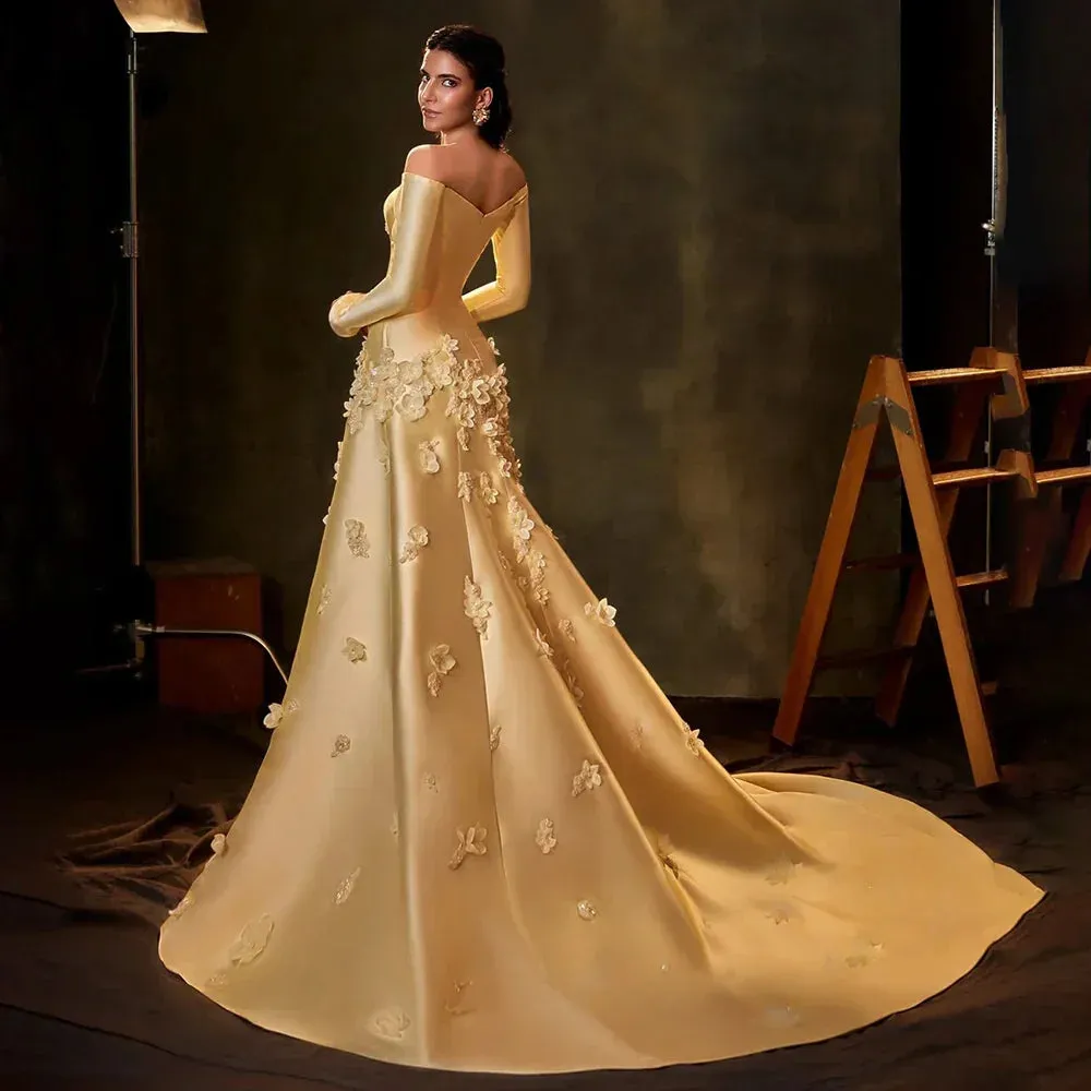 Diynav Arabia Yellow A-Line Satin Strapless Appliques Evening Dresses Gowns for Formal Occasion HZ1017 - Image 2