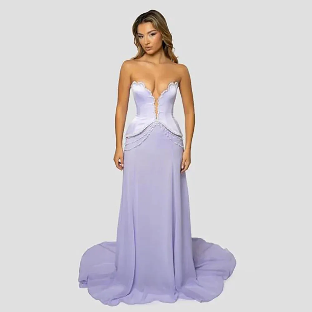 Diynav Arabic Lilac Beaded Strapless Mermaid Satin Evening Dresses Gowns for Formal Occasion HZ1017 - Image 2