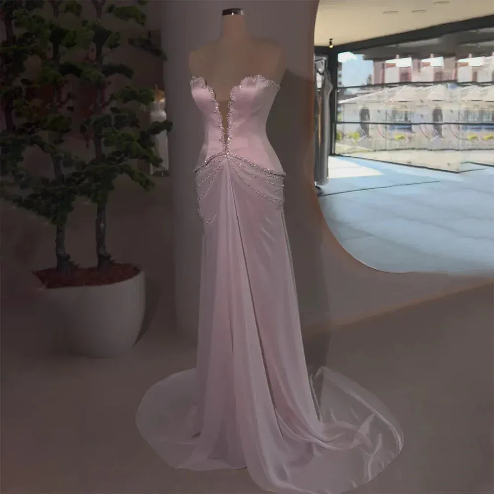 Diynav Arabic Lilac Beaded Strapless Mermaid Satin Evening Dresses Gowns for Formal Occasion HZ1017 - Image 3