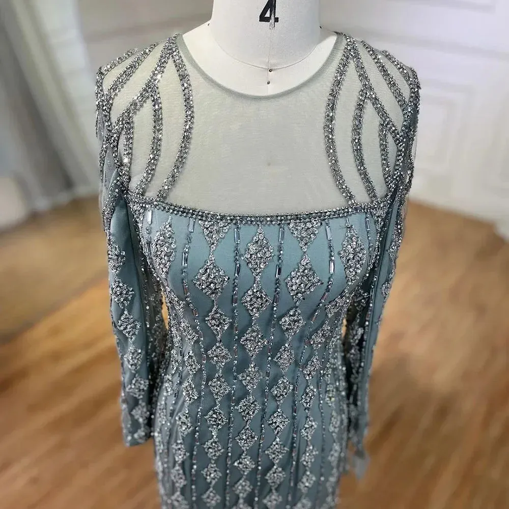 Diynav Sage Green Dubai Evening Dresses Mermaid Muslim Long Sleeves HZ1017 - Image 5