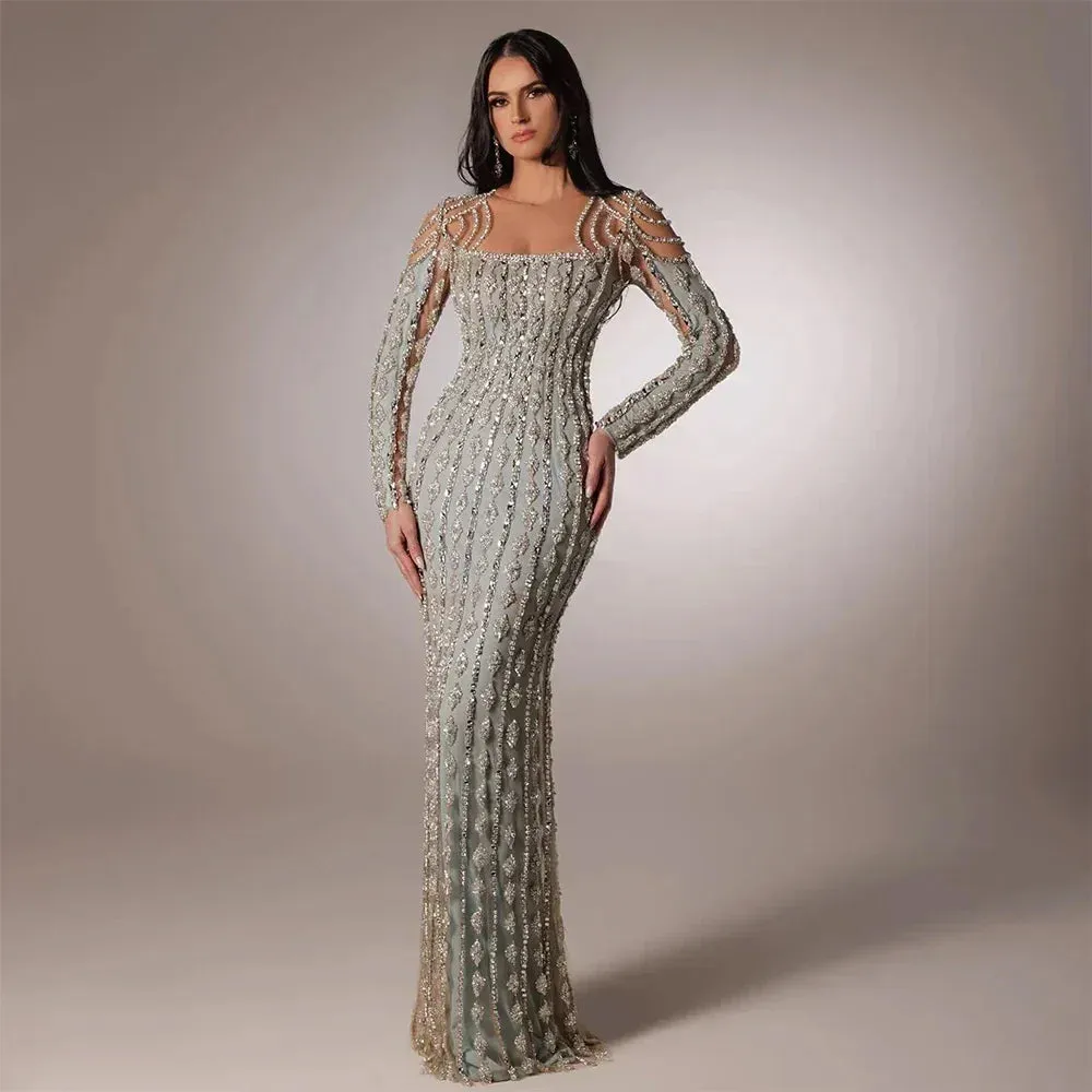 Diynav Sage Green Dubai Evening Dresses Mermaid Muslim Long Sleeves HZ1017