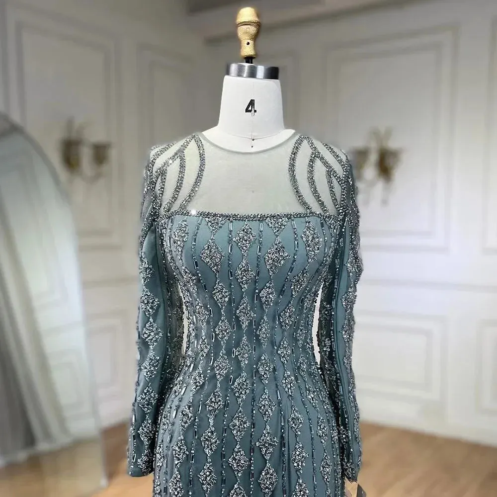 Diynav Sage Green Dubai Evening Dresses Mermaid Muslim Long Sleeves HZ1017 - Image 6