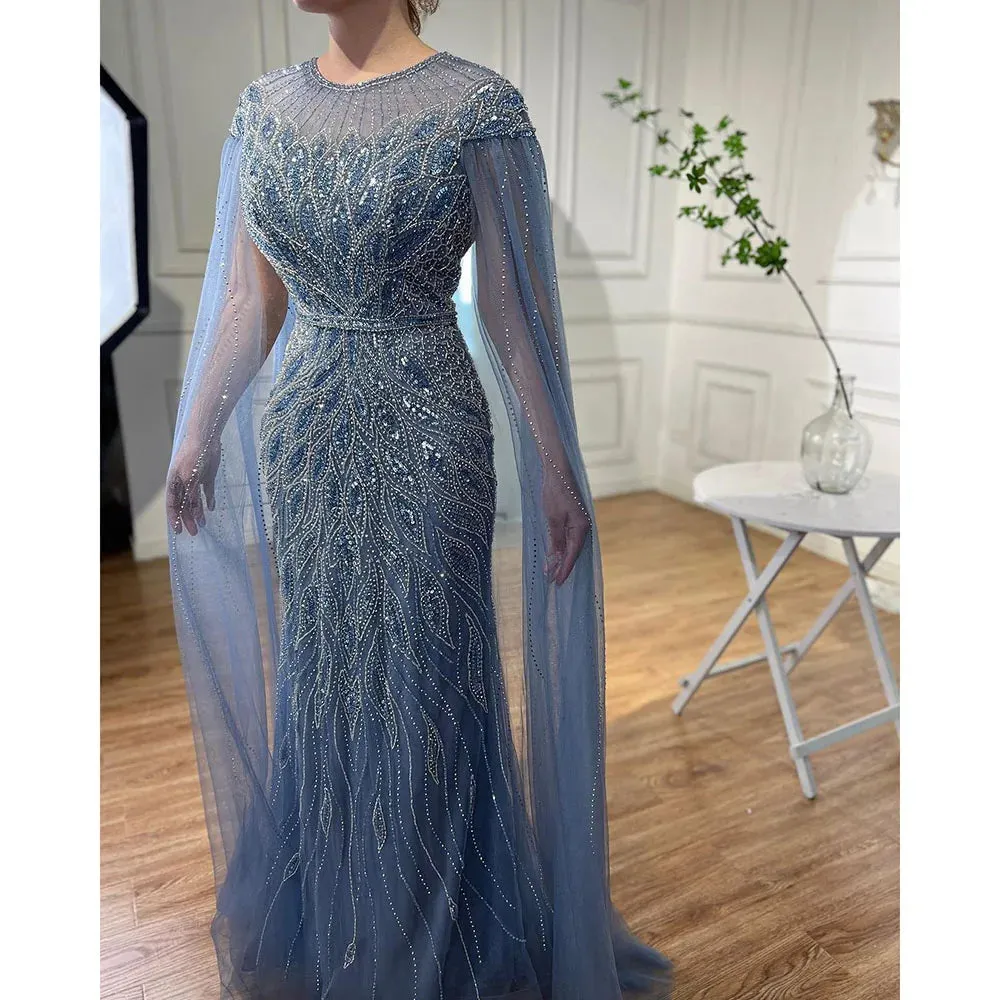 Diynav Arabic Blue Mermaid Evening Dress with Cape Sleeves HZ1017 - Image 10