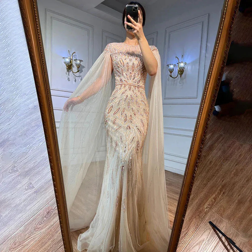 Diynav Arabic Blue Mermaid Evening Dress with Cape Sleeves HZ1017 - Image 6