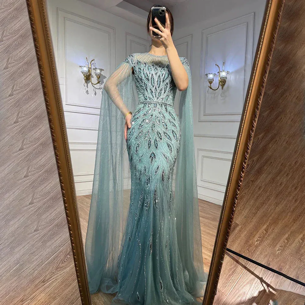 Diynav Arabic Blue Mermaid Evening Dress with Cape Sleeves HZ1017 - Image 5