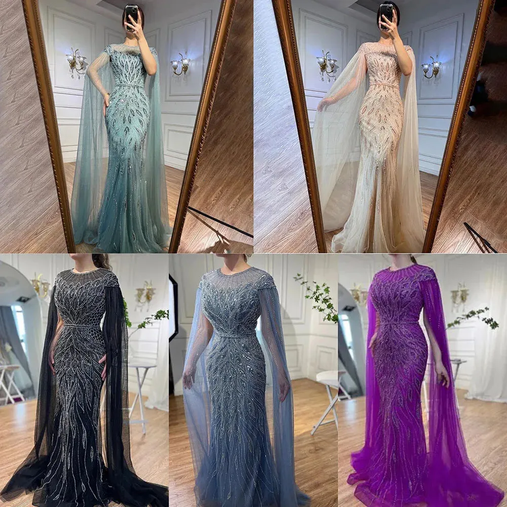 Diynav Arabic Blue Mermaid Evening Dress with Cape Sleeves HZ1017 - Image 3