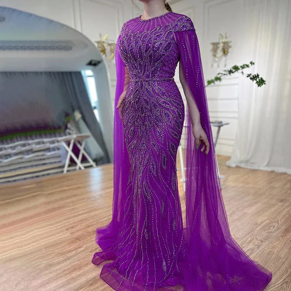 Diynav Arabic Blue Mermaid Evening Dress with Cape Sleeves HZ1017 - Image 2