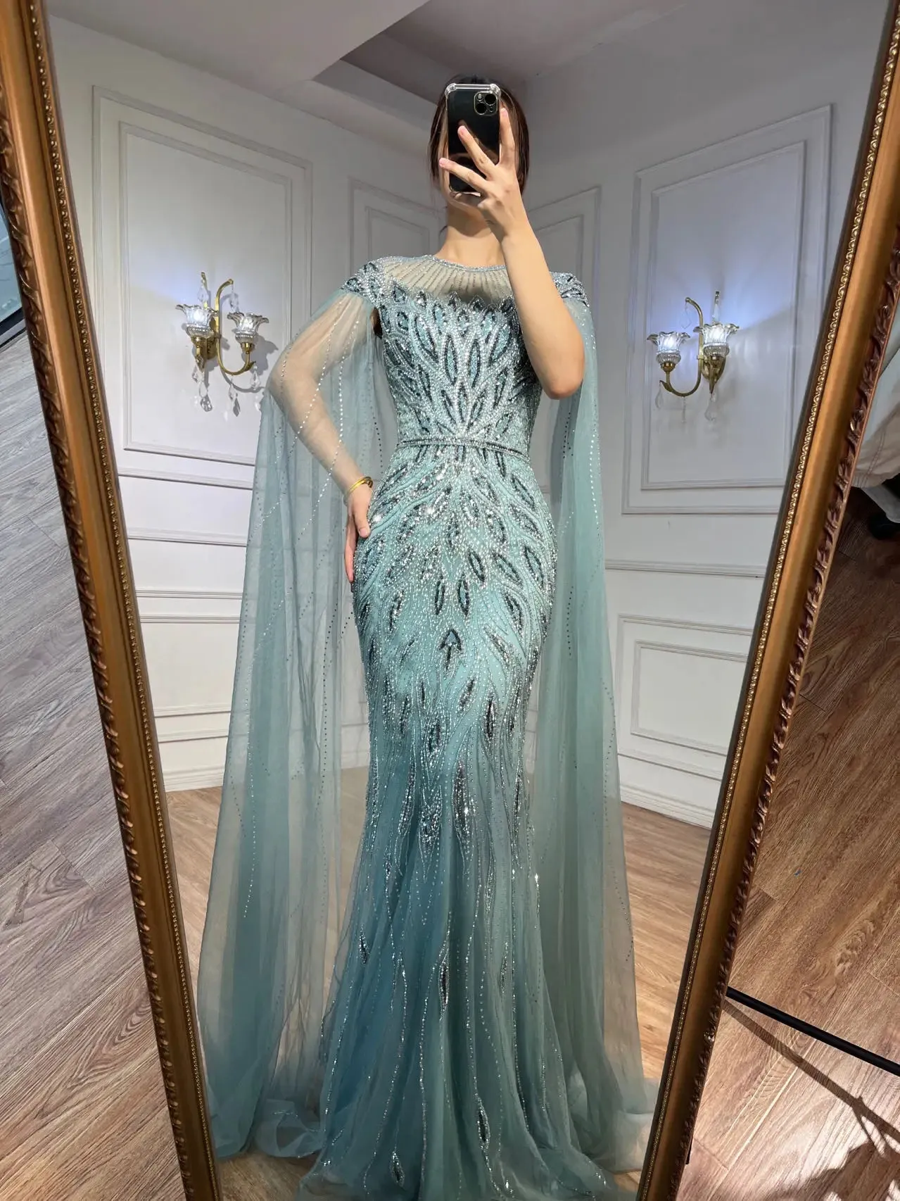 Diynav Arabic Blue Mermaid Evening Dress with Cape Sleeves HZ1017 - Image 9