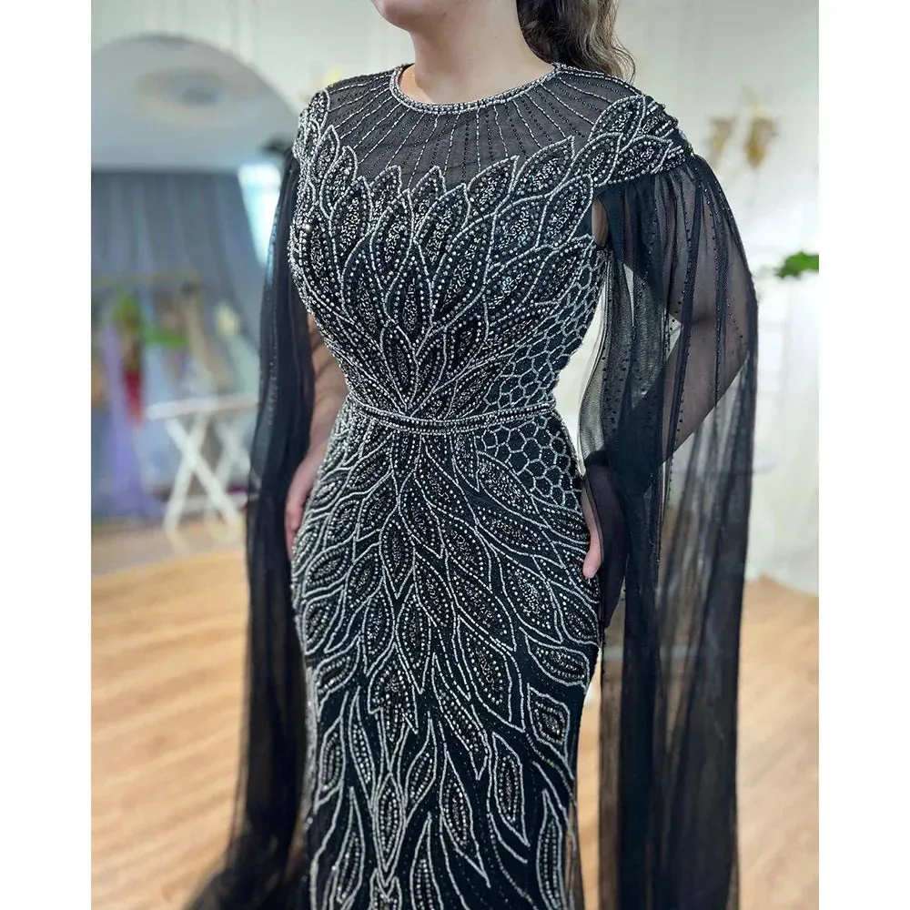 Diynav Arabic Blue Mermaid Evening Dress with Cape Sleeves HZ1017 - Image 8