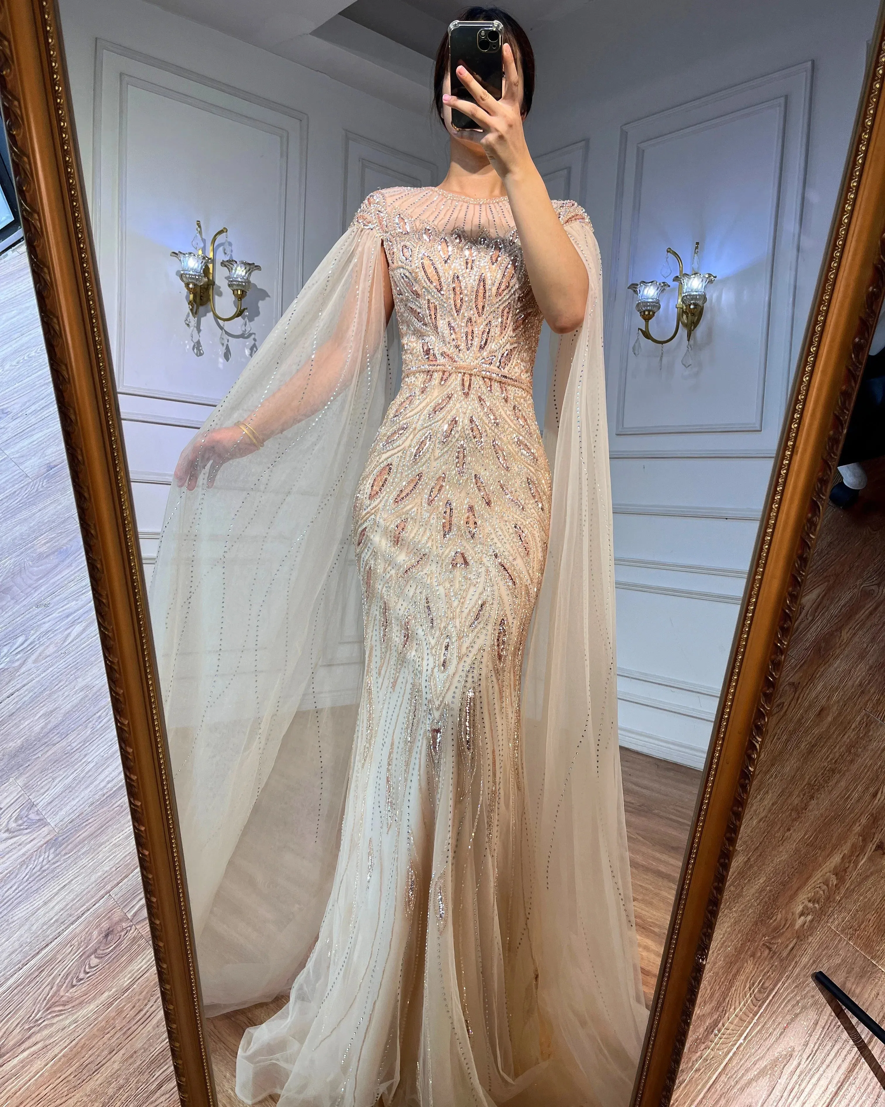 Diynav Arabic Blue Mermaid Evening Dress with Cape Sleeves HZ1017 - Image 7