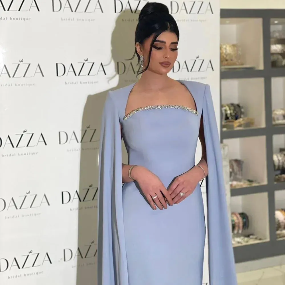 Diynav Blue Mermaid Evening Dress with Cape Sleeves HZ1017 - Image 2