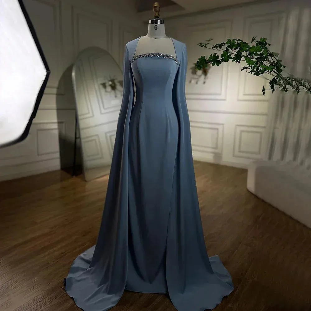 Diynav Blue Mermaid Evening Dress with Cape Sleeves HZ1017 - Image 4