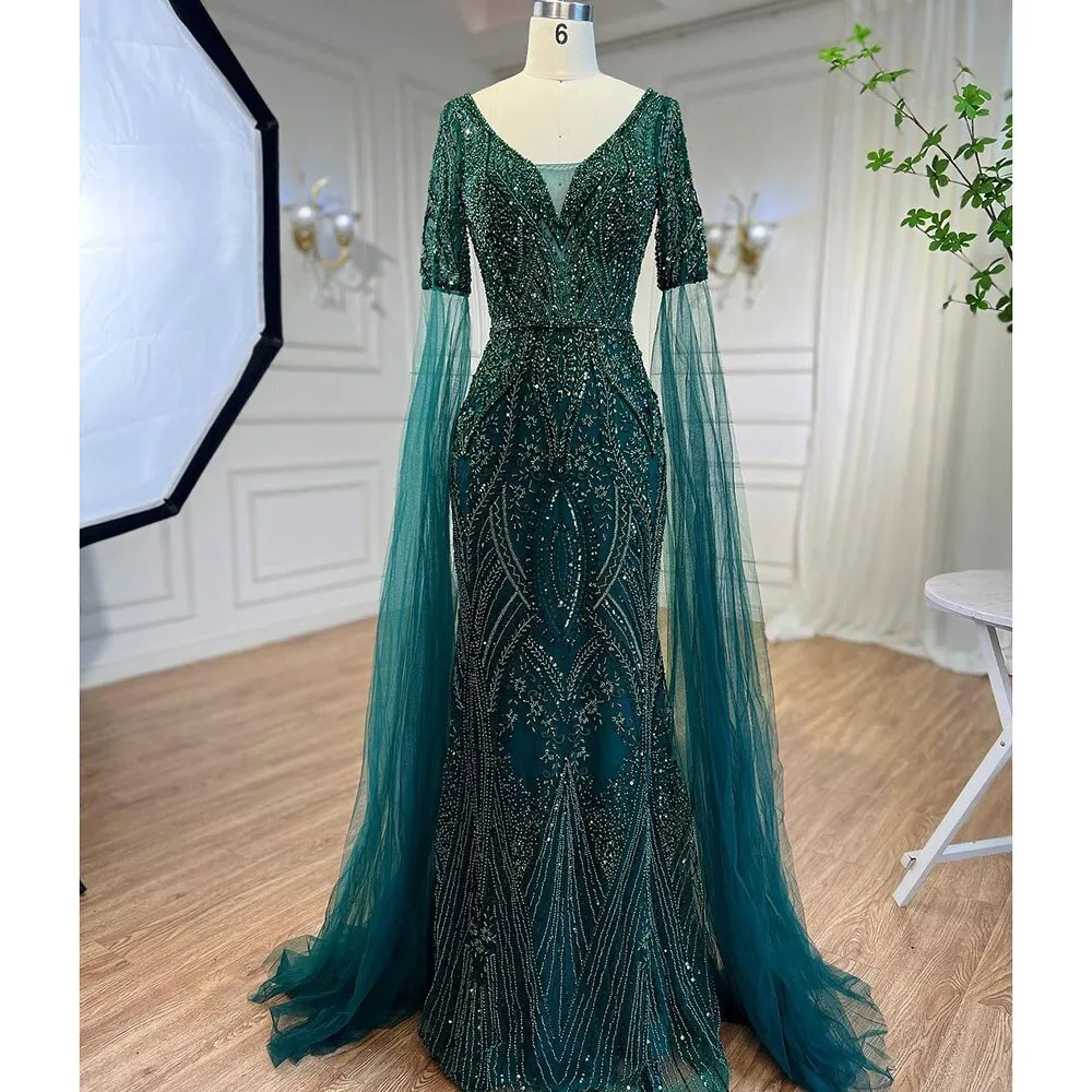 Diynav Green Mermaid Elegant Beaded Evening Dresses With Cape Sleeves Gowns For Women Wedding Party 2025 HZ1017