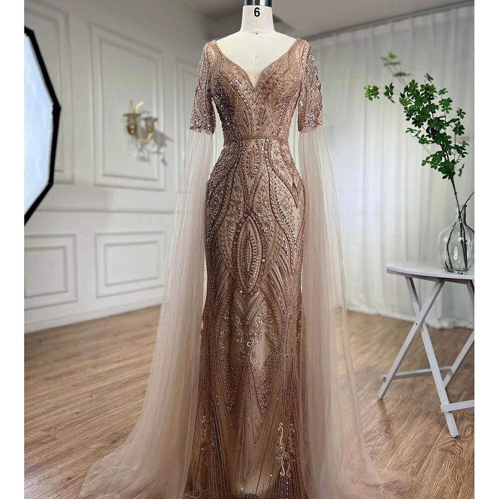 Diynav Green Mermaid Elegant Beaded Evening Dresses With Cape Sleeves Gowns For Women Wedding Party 2025 HZ1017 - Image 3