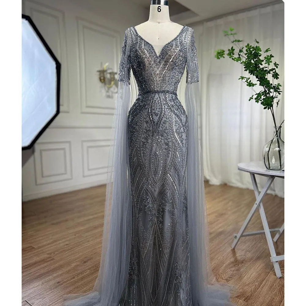 Diynav Green Mermaid Elegant Beaded Evening Dresses With Cape Sleeves Gowns For Women Wedding Party 2025 HZ1017 - Image 4