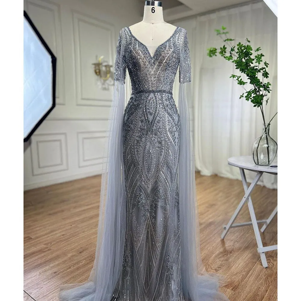 Diynav Green Mermaid Elegant Beaded Evening Dresses With Cape Sleeves Gowns For Women Wedding Party 2025 HZ1017 - Image 7