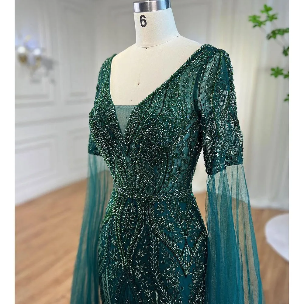 Diynav Green Mermaid Elegant Beaded Evening Dresses With Cape Sleeves Gowns For Women Wedding Party 2025 HZ1017 - Image 5