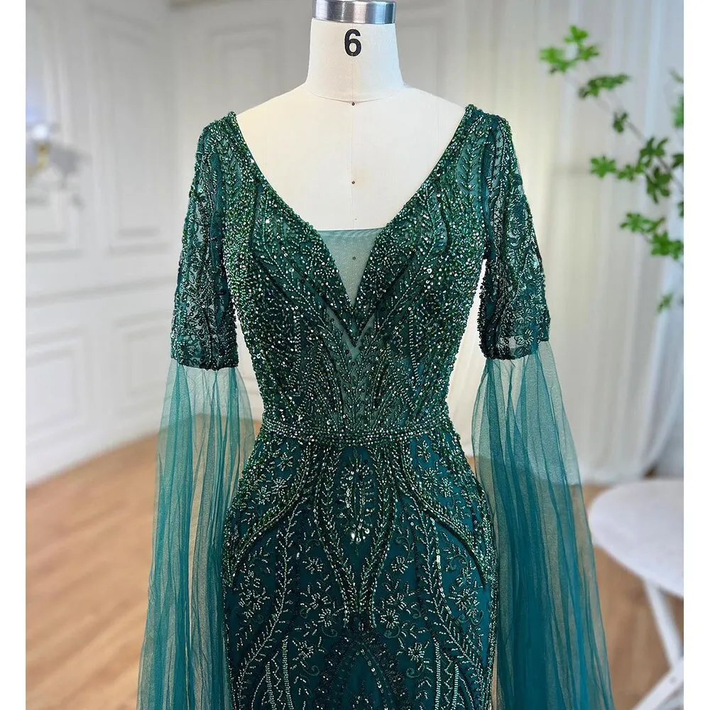 Diynav Green Mermaid Elegant Beaded Evening Dresses With Cape Sleeves Gowns For Women Wedding Party 2025 HZ1017 - Image 6