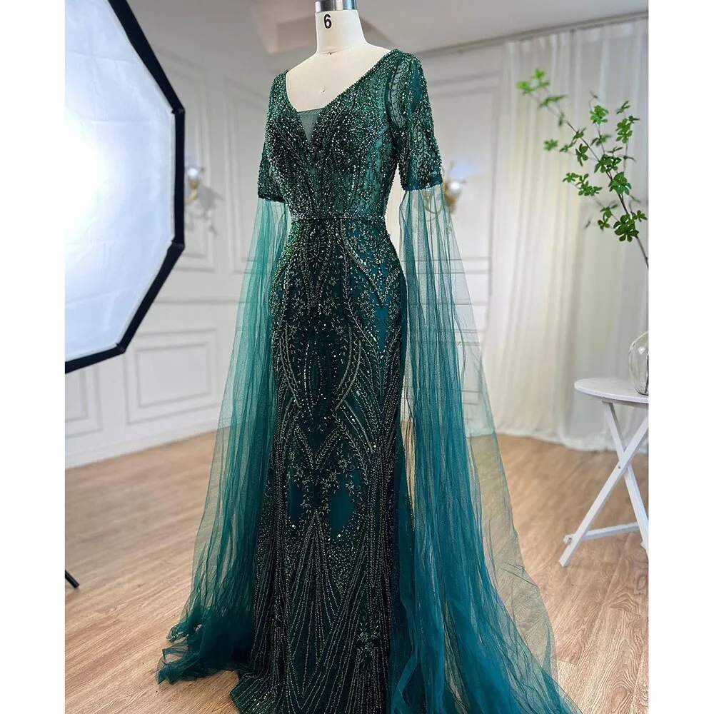 Diynav Green Mermaid Elegant Beaded Evening Dresses With Cape Sleeves Gowns For Women Wedding Party 2025 HZ1017 - Image 2
