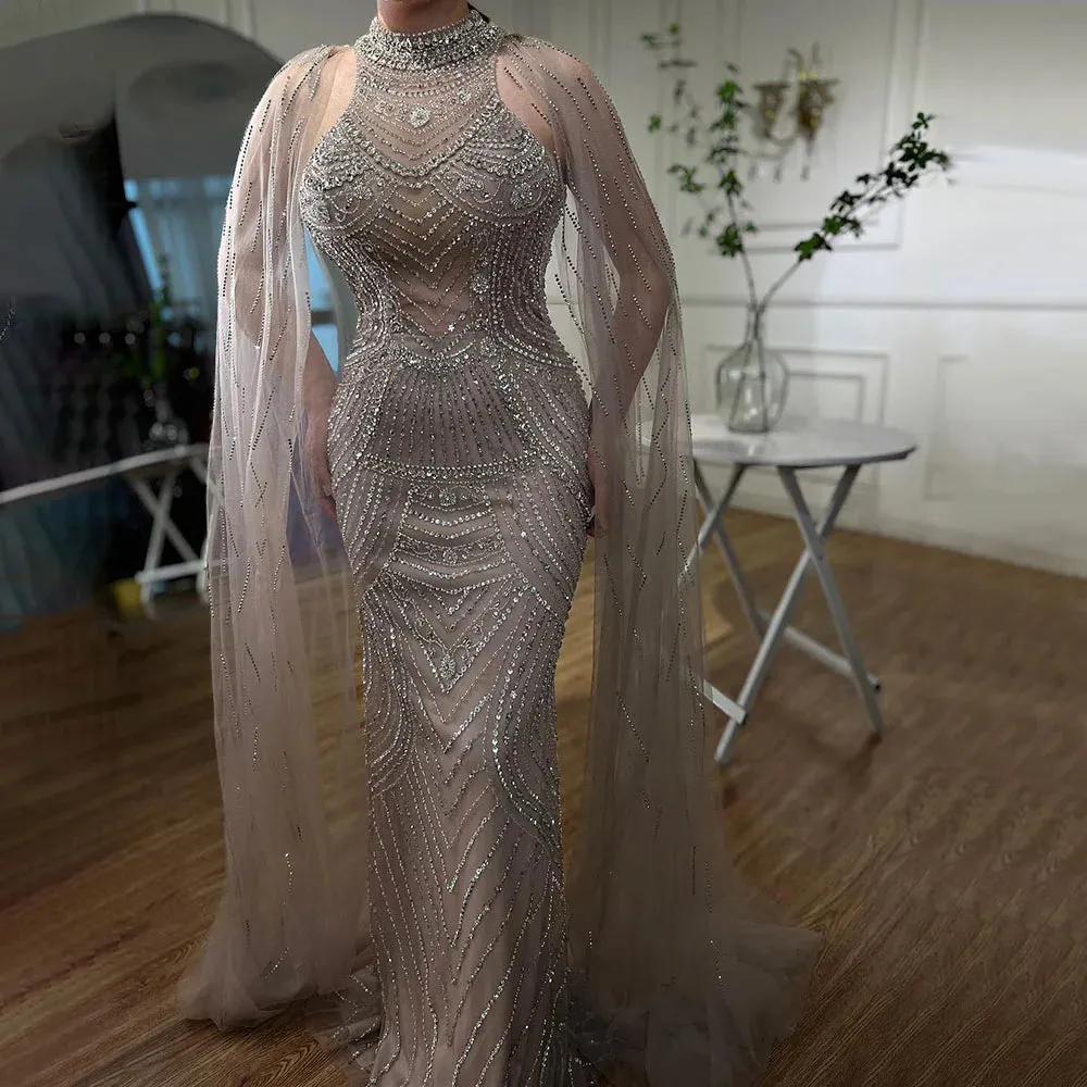 Diynav Dubai Champagne Mermaid Evening Dresses with Cape Sleeves HZ1017 - Image 4